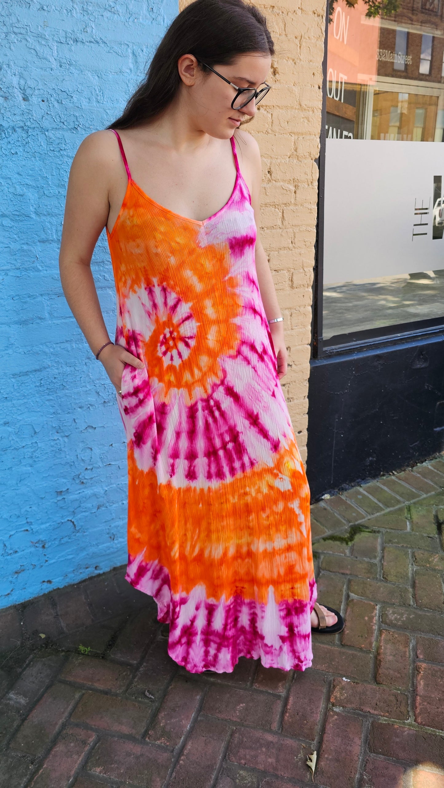 Sunset Spiral Tie-Dye Maxi Dress with Pockets | Little Hippie Chick XL #1436