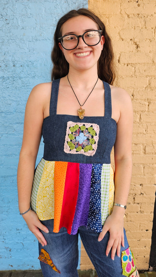 Patchwork Denim Hippie Apron Top – Corset Back, Crochet Detail DD+ cup #1415