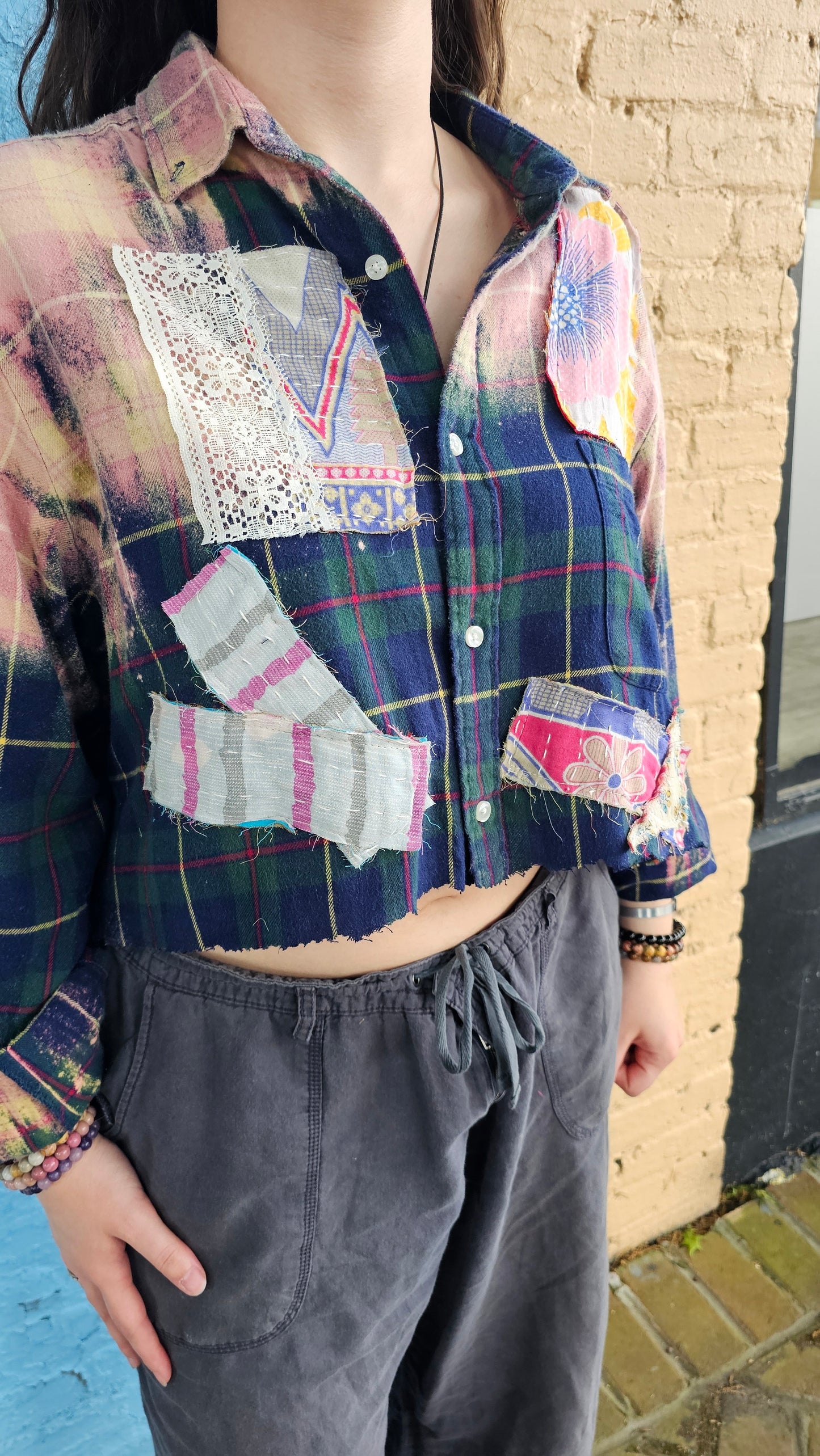 Cropped Flannel Shirt | Upcycled Distressed Flannel Size XL #1365