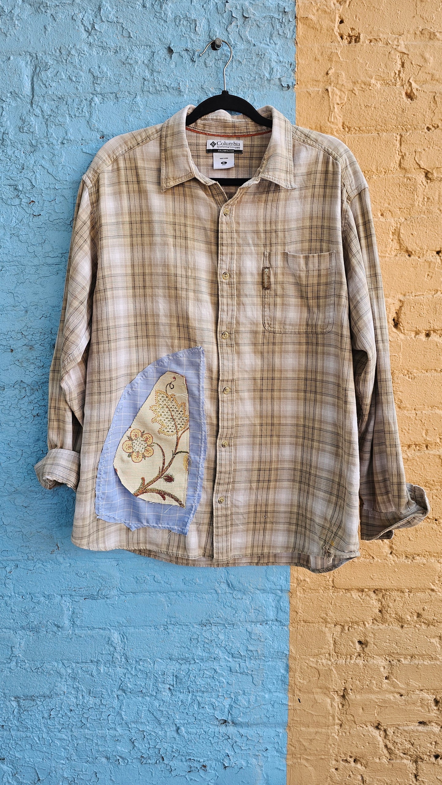 Upcycled Columbia Flannel – Led Zeppelin Patchwork, Repurposed & One-of-a-Kind size XL