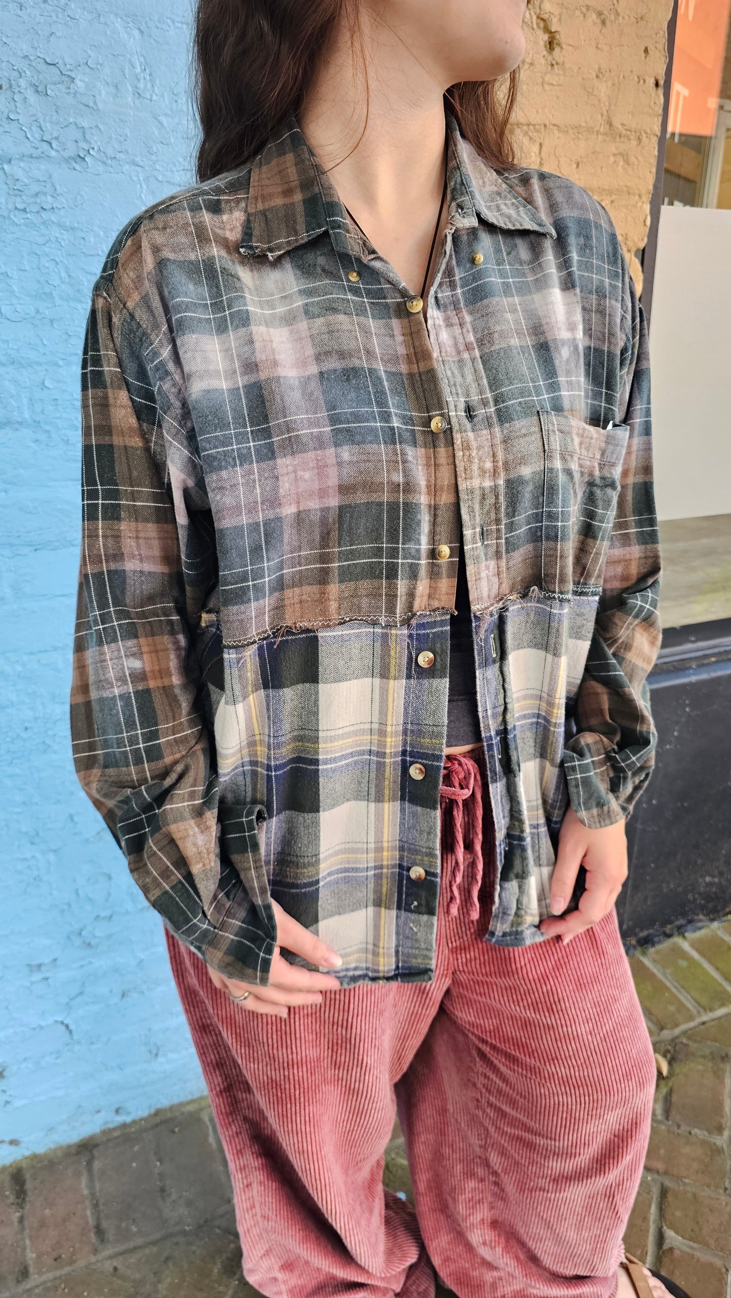 Forest Echo Split Flannel (XL) – One-of-a-Kind Upcycled Patchwork #1411