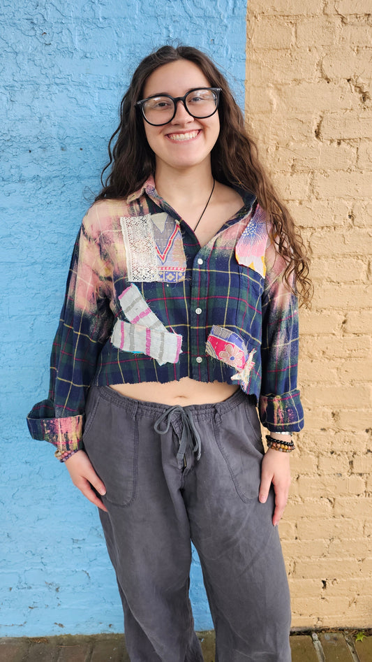 Cropped Flannel Shirt | Upcycled Distressed Flannel Size XL #1365