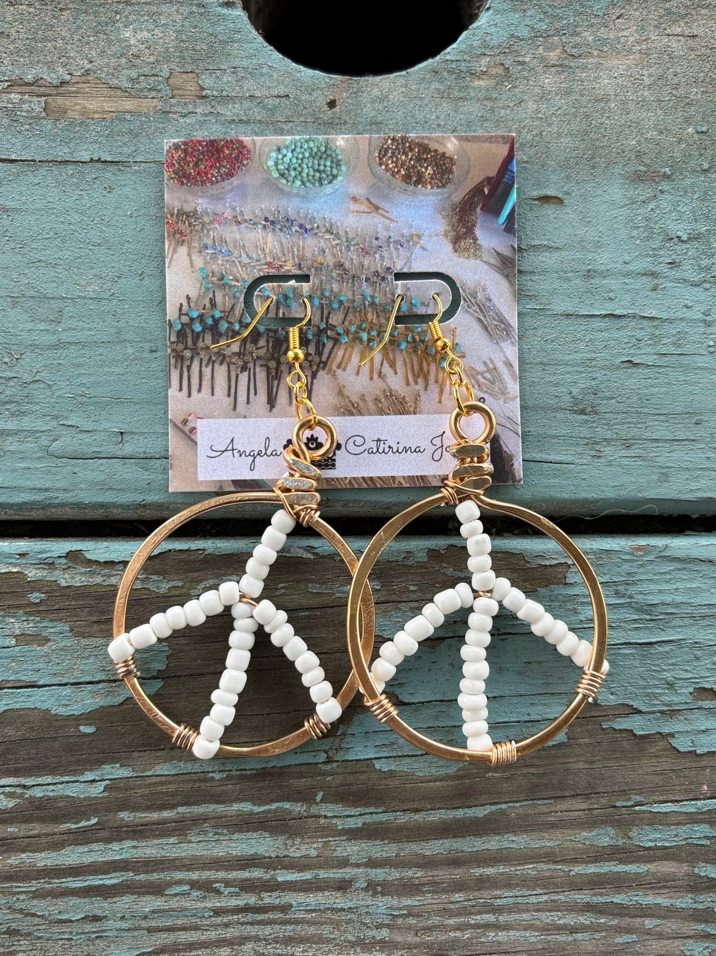 Gold Seed Bead Peace Sign Earrings