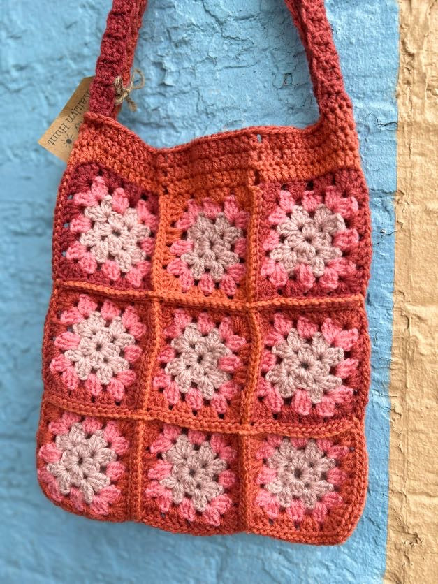 Red and Pink Granny Square Crochet Bag