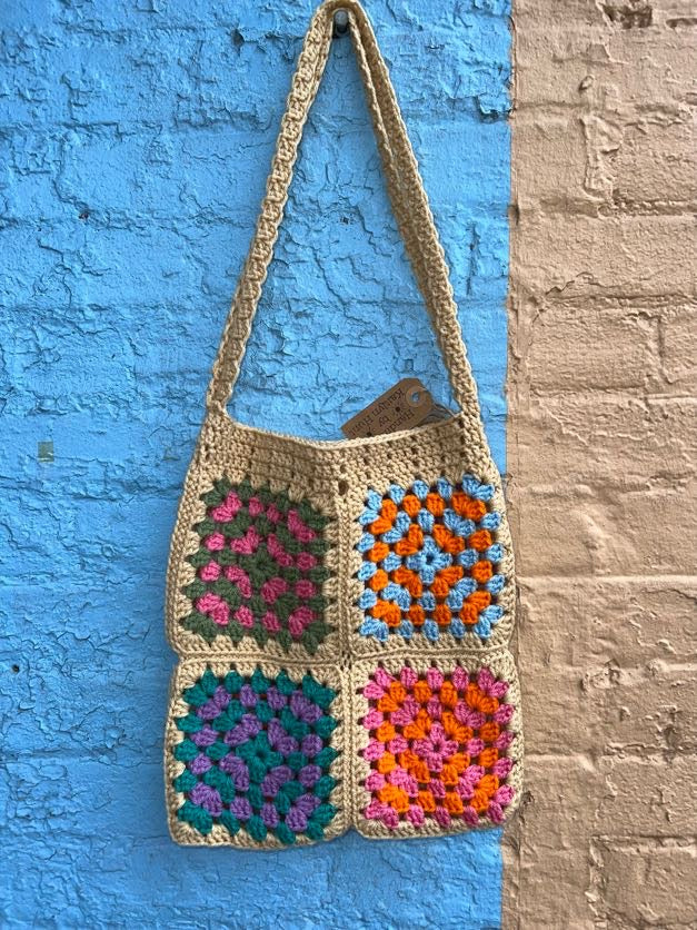 Tan Multi Color Granny Square Crochet Bag
