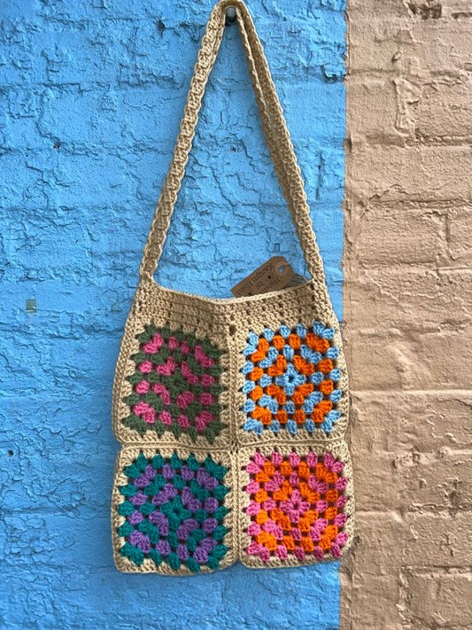 Tan Multi Color Granny Square Crochet Bag