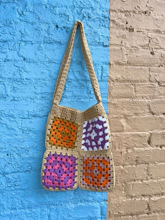 Tan Multi Colored Granny Square Crochet Bag