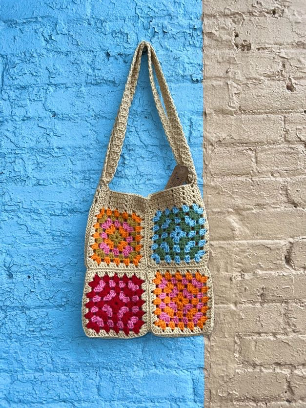 Tan Multi Colored Granny Square Crochet Bag