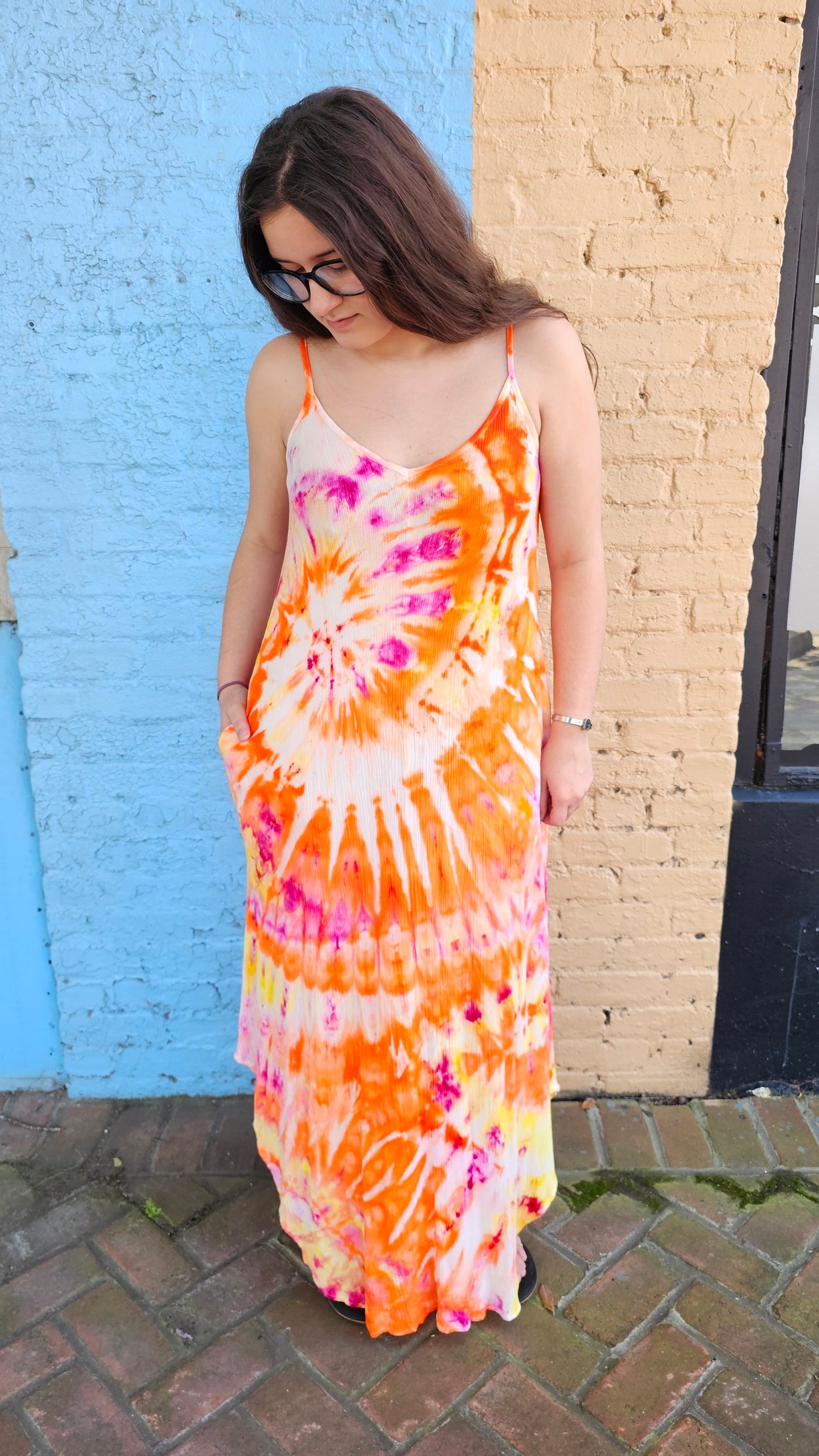 Sunset Spiral Tie-Dye Maxi Dress with Pockets | Little Hippie Chick MEDIUM #1434