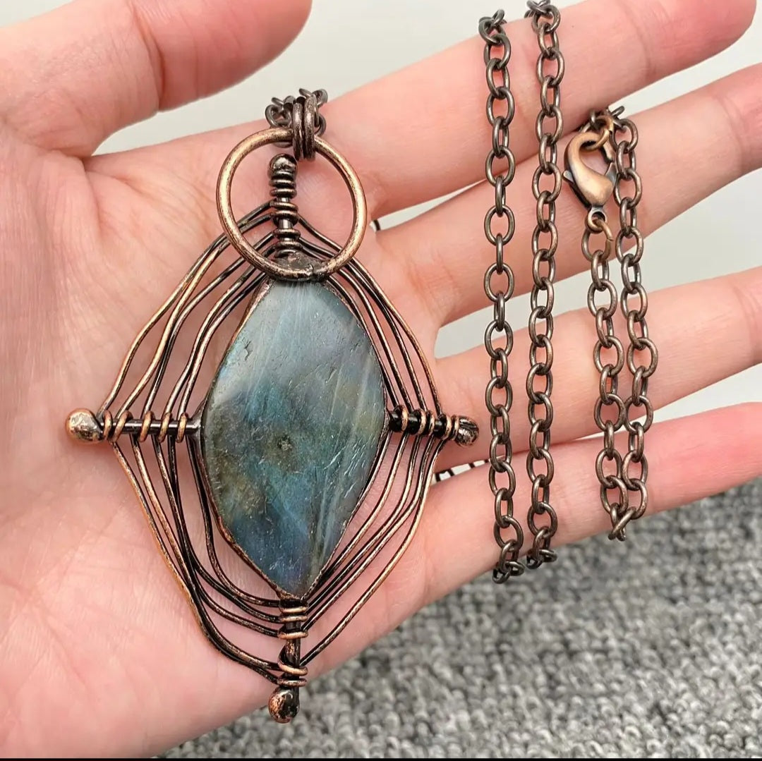 Labradorite spider web necklace pendant