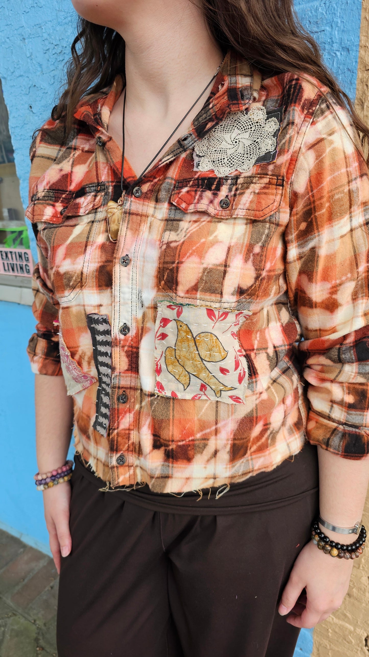 Cropped Flannel Shirt | Upcycled Distressed Flannel Size SMALL#1354