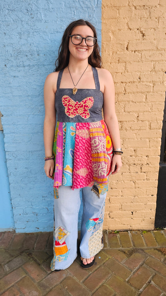 Hippie Patchwork Apron Top – Adjustable Corset Back Cotton Festival Top 1363