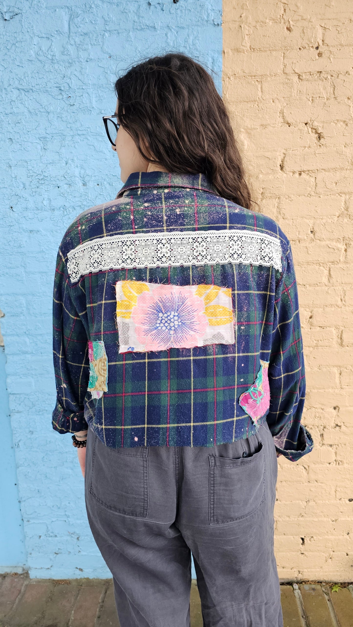 Cropped Flannel Shirt | Upcycled Distressed Flannel Size XL #1365