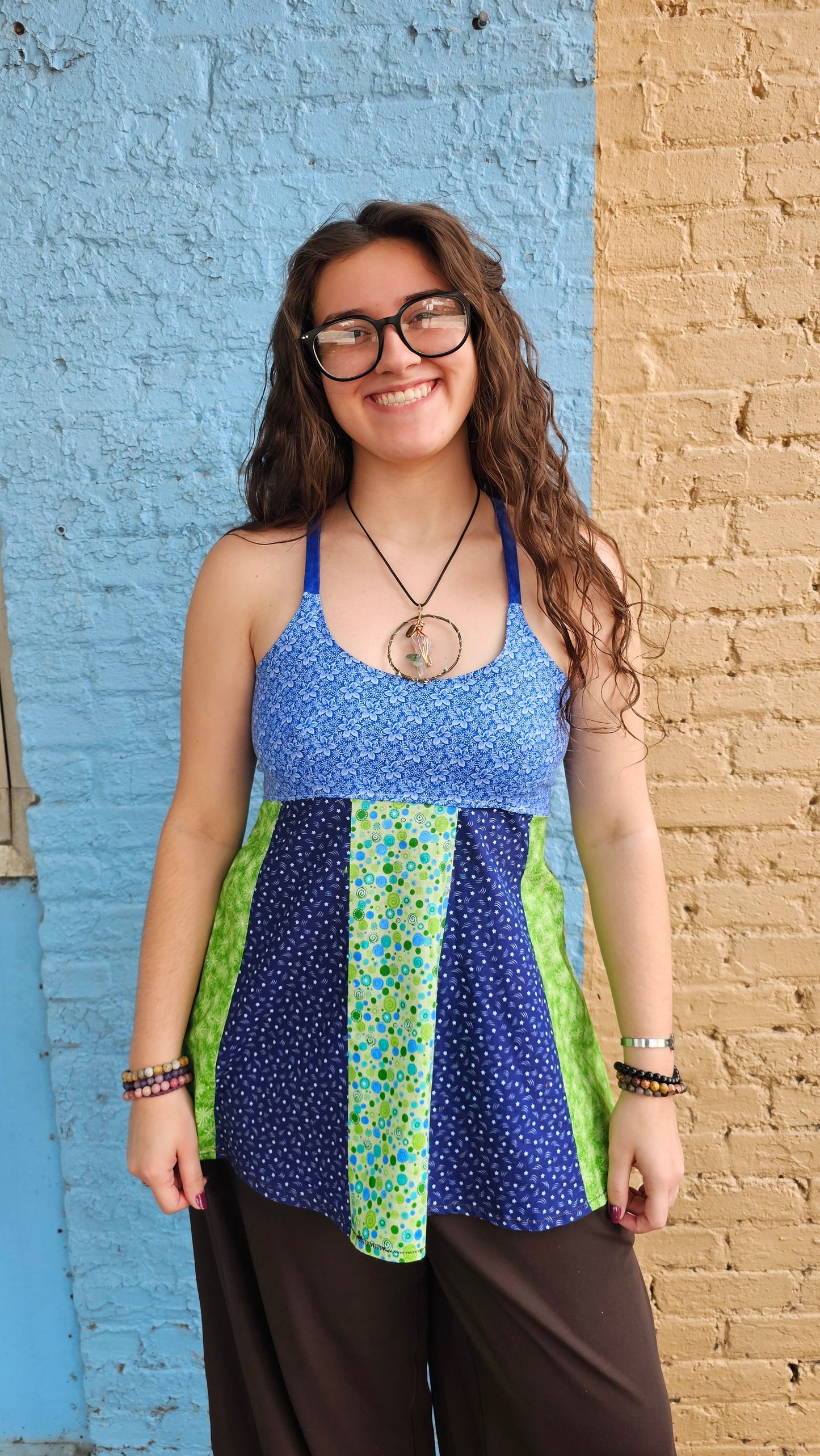 Patchwork Green/Blue Hippie Apron Top – Corset Back, Size B/C cup #1450