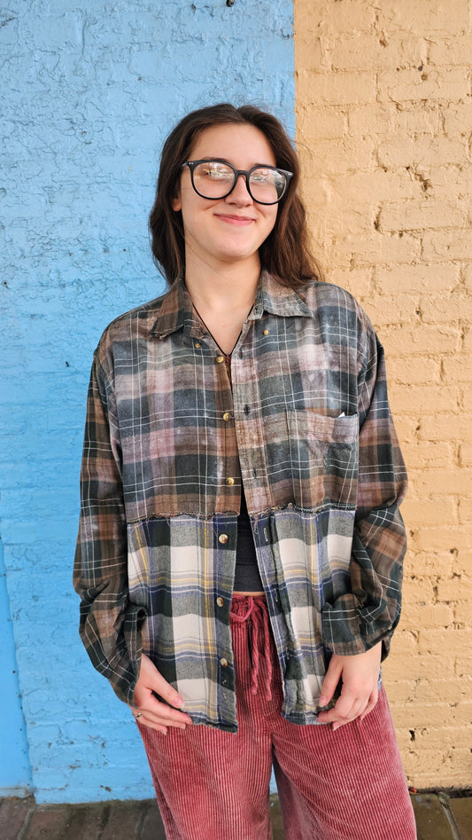 Forest Echo Split Flannel (XL) – One-of-a-Kind Upcycled Patchwork #1411