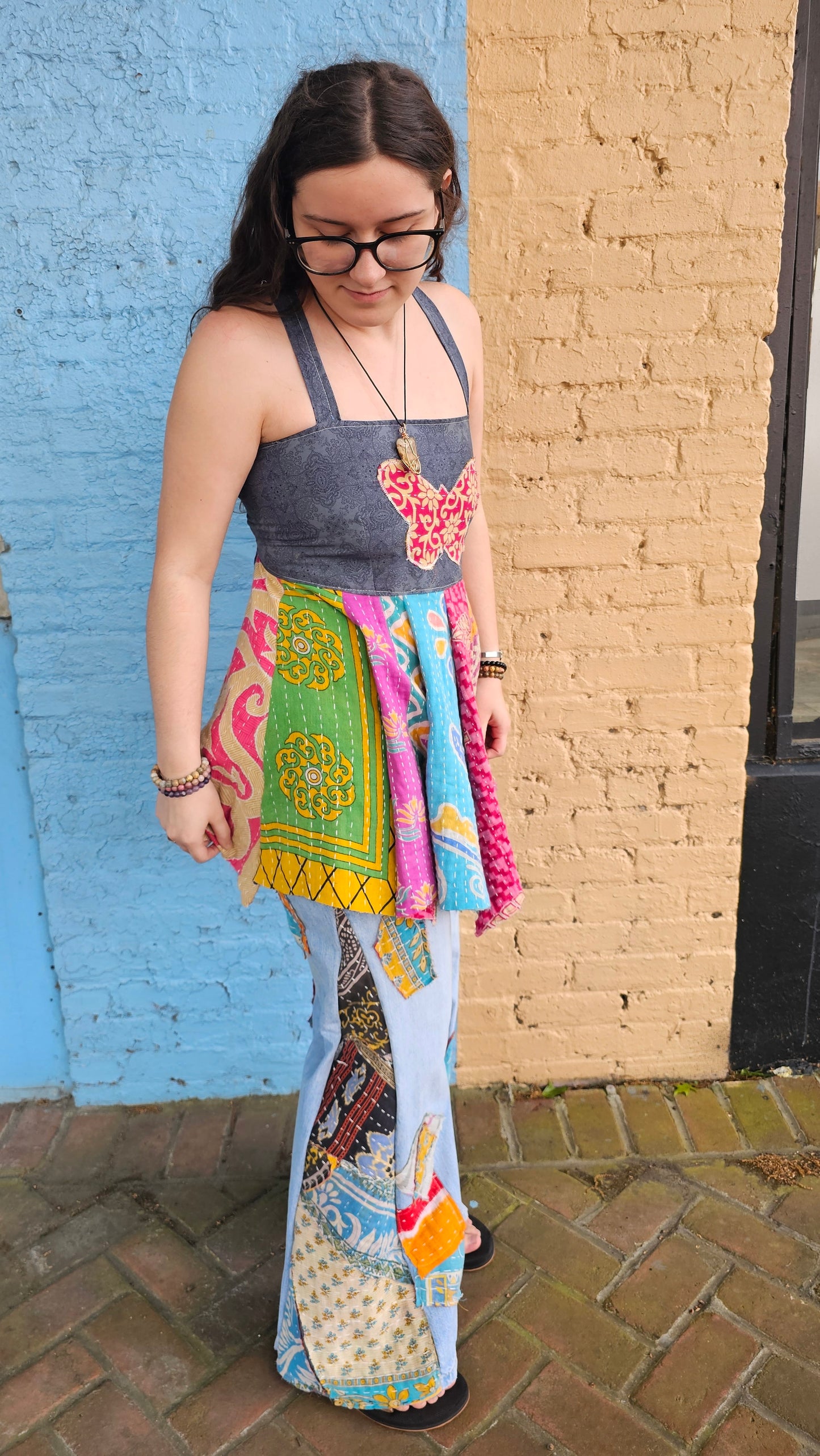 Hippie Patchwork Apron Top – Adjustable Corset Back Cotton Festival Top 1363