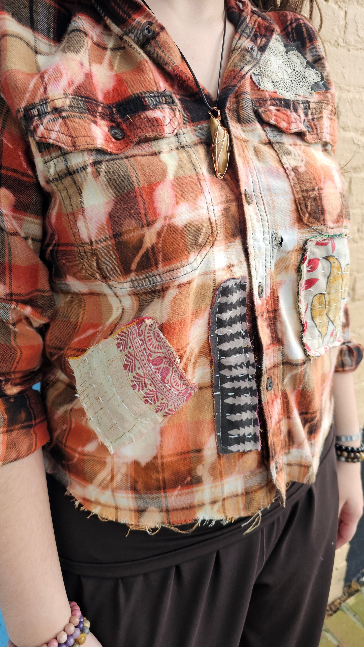 Cropped Flannel Shirt | Upcycled Distressed Flannel Size SMALL#1354