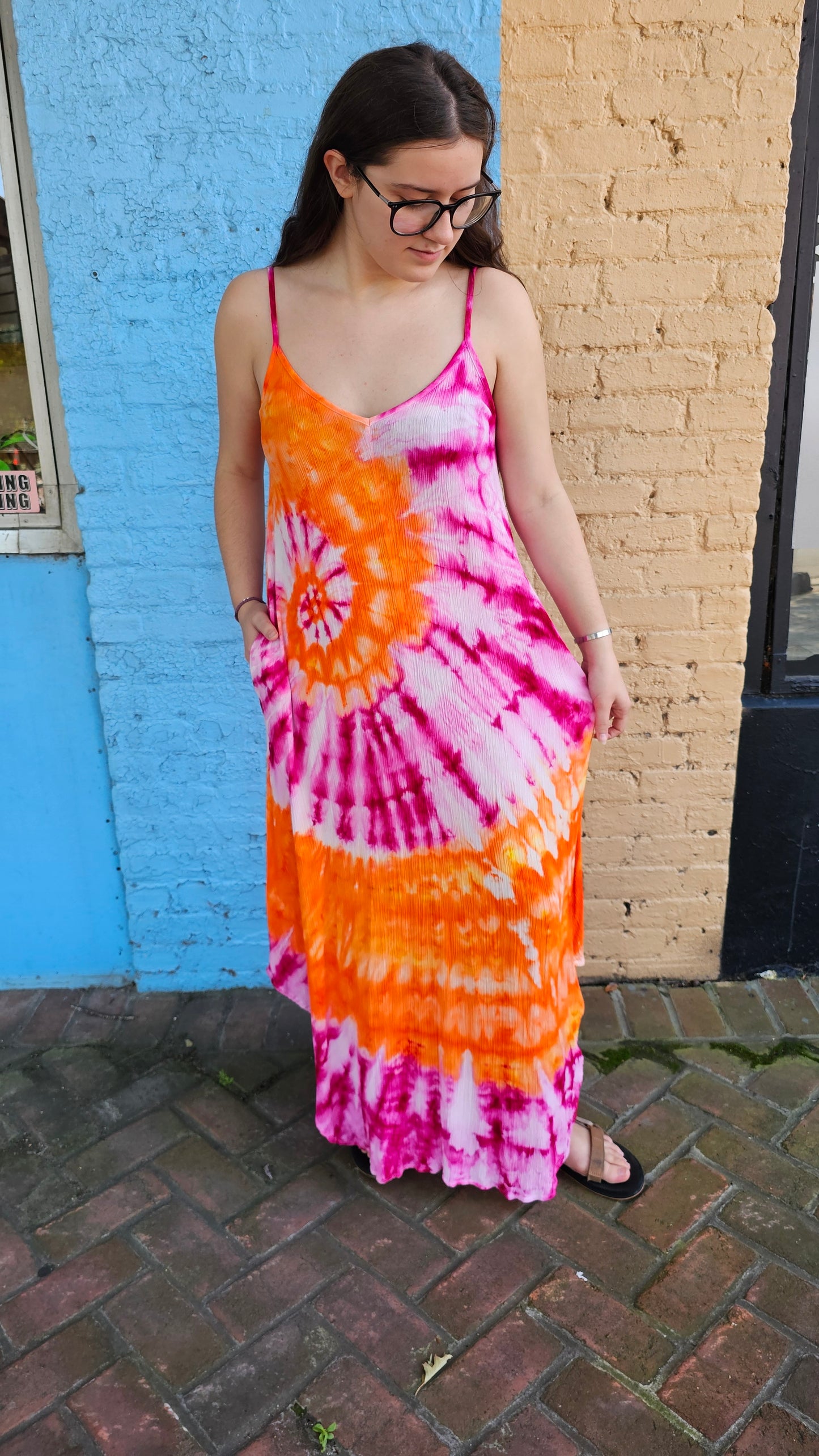 Sunset Spiral Tie-Dye Maxi Dress with Pockets | Little Hippie Chick XL #1436