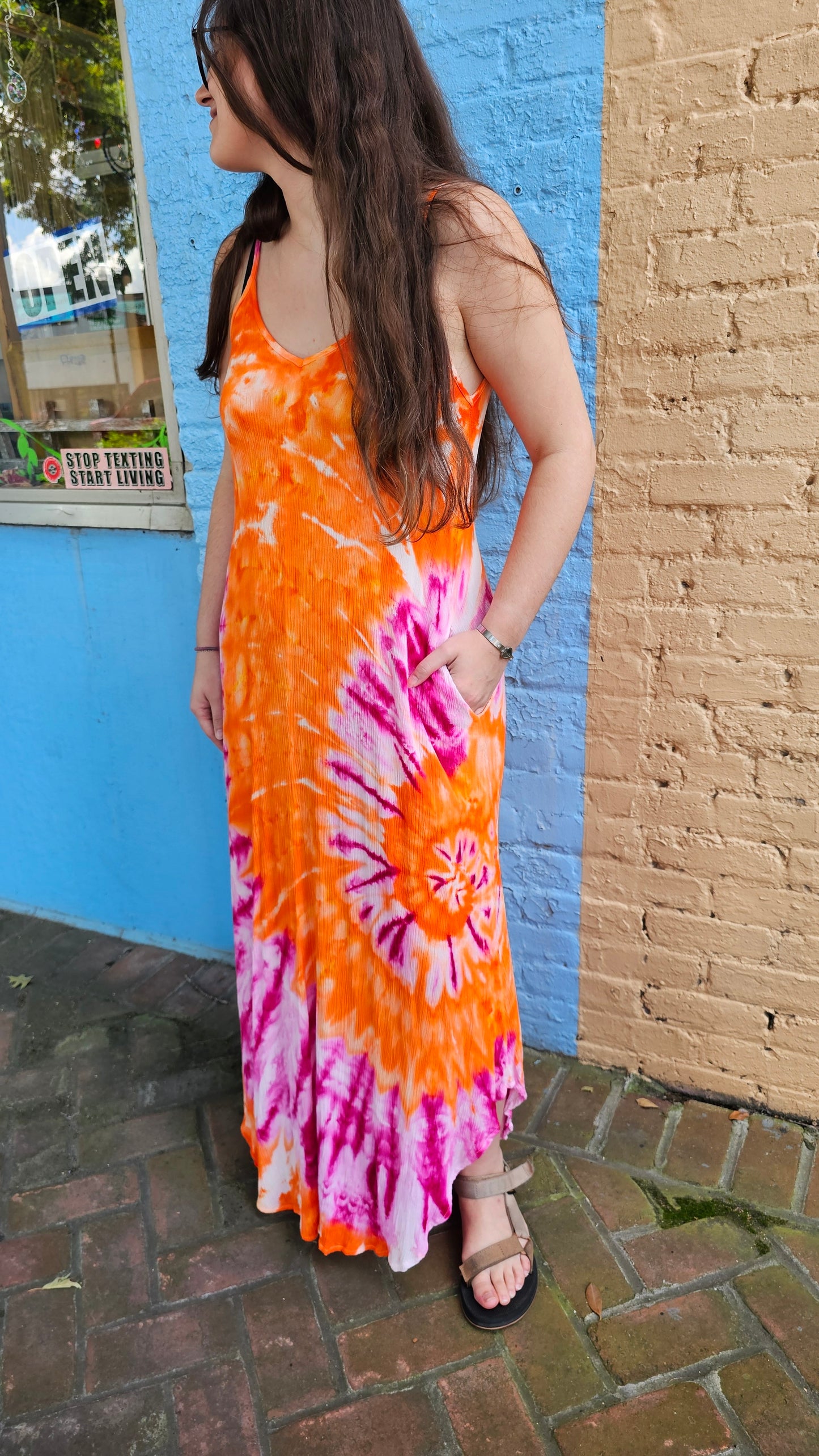 Sunset Spiral Tie-Dye Maxi Dress with Pockets | Little Hippie Chick SMALL #1437