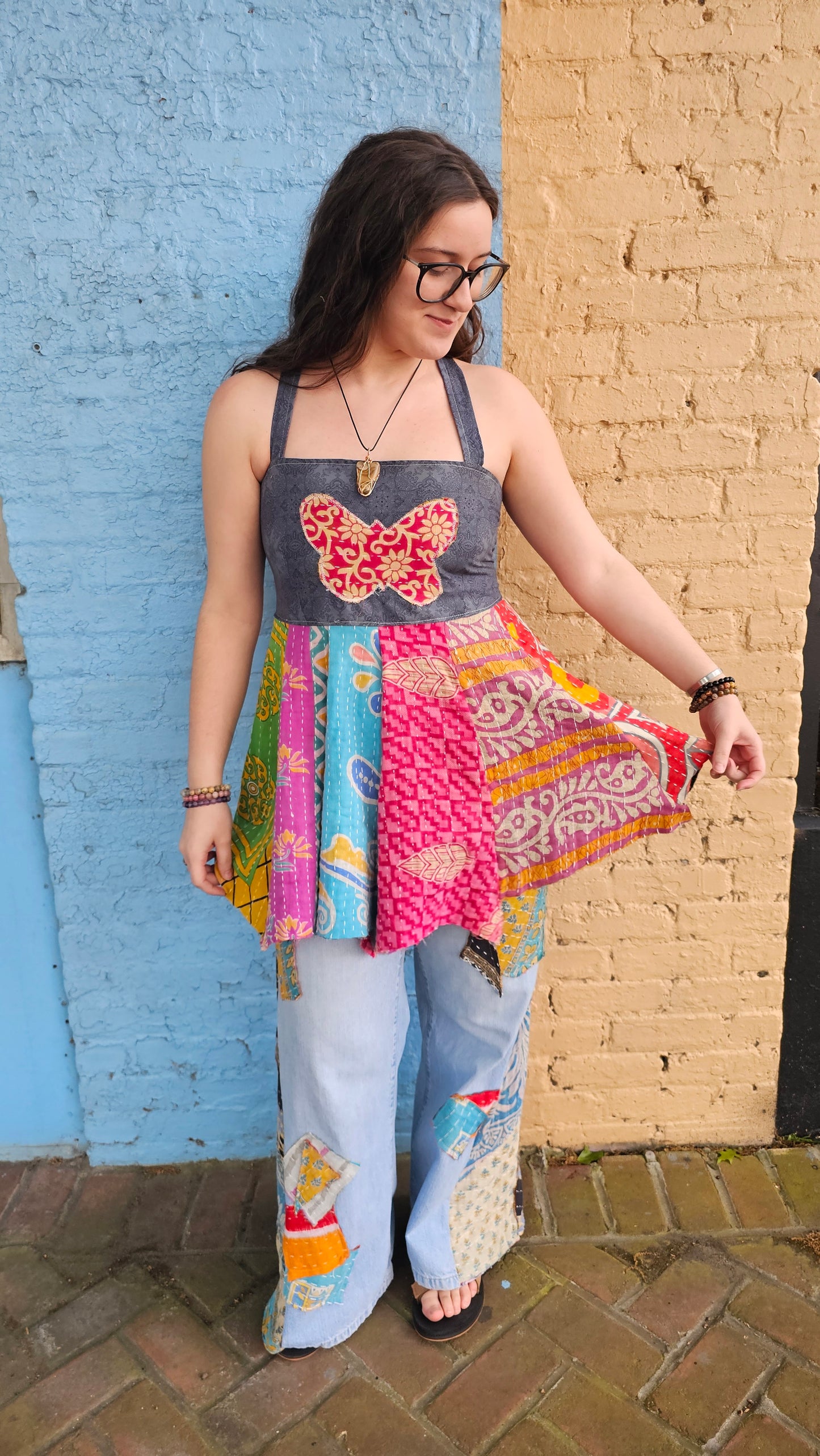 Hippie Patchwork Apron Top – Adjustable Corset Back Cotton Festival Top 1363