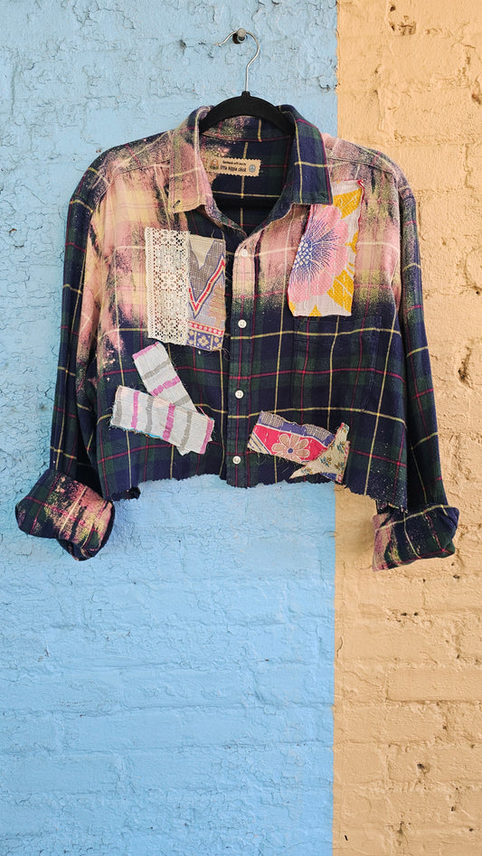 Cropped Flannel Shirt | Upcycled Distressed Flannel Size XL #1365