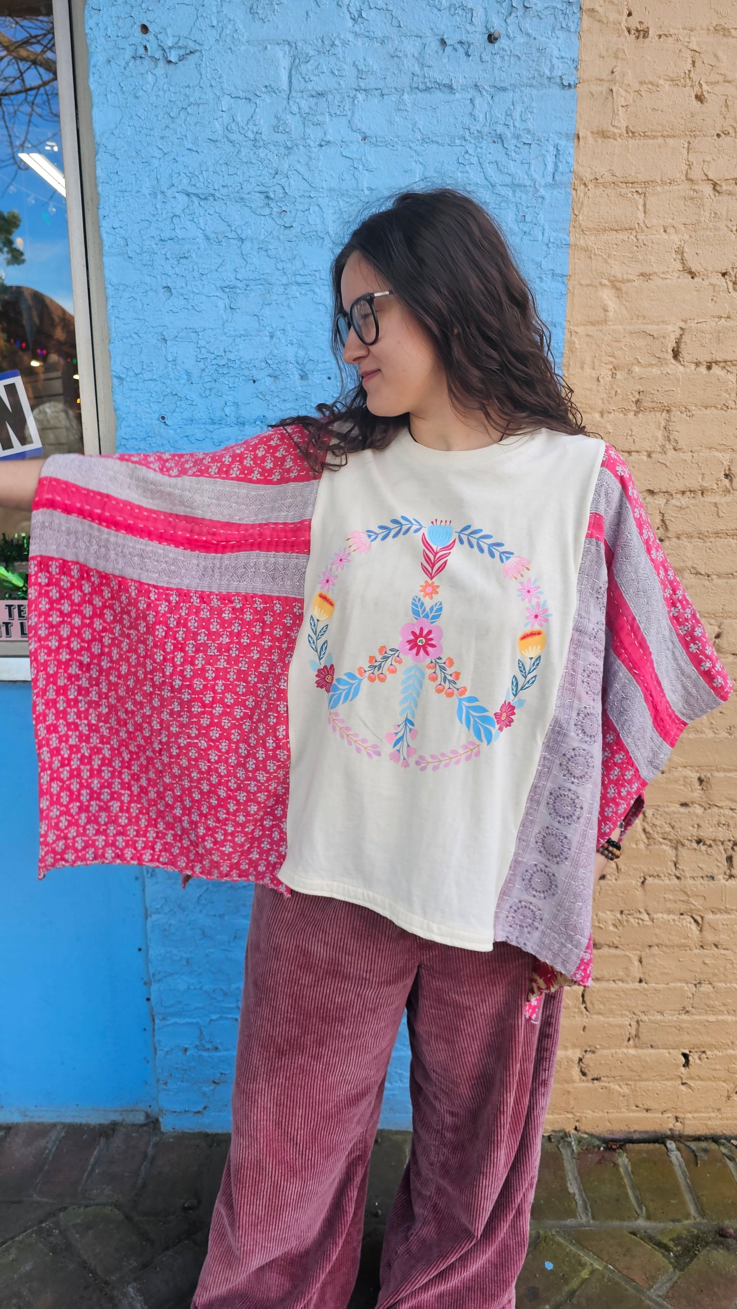 Floral Peace Sign Kantha Poncho 1333