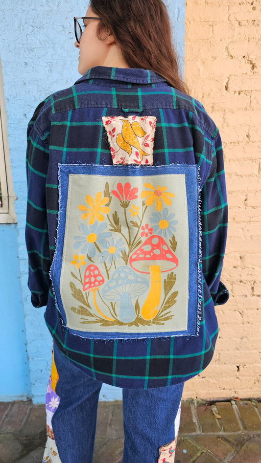 Floral Mushroom with kantha bird Flannel size XL  #1385