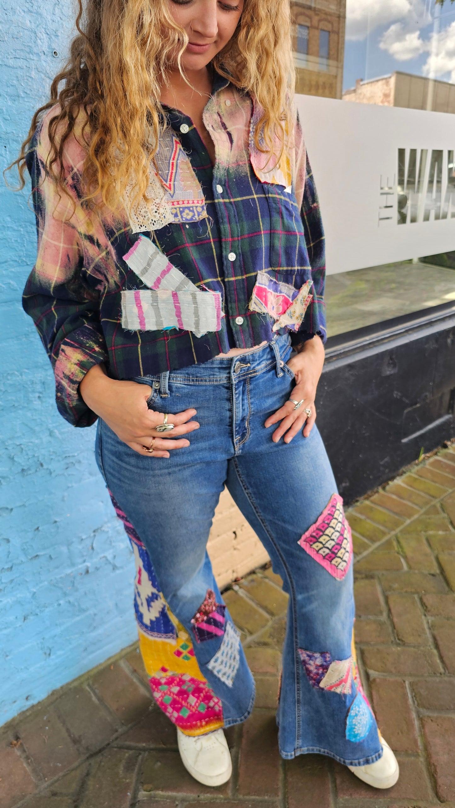 Cropped Flannel Shirt | Upcycled Distressed Flannel Size XL #1365