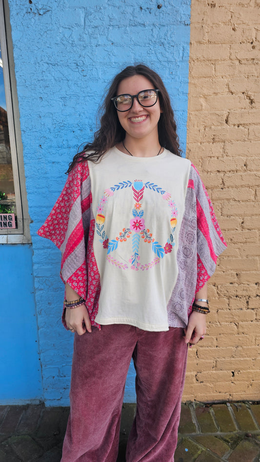 Floral Peace Sign Kantha Poncho 1333