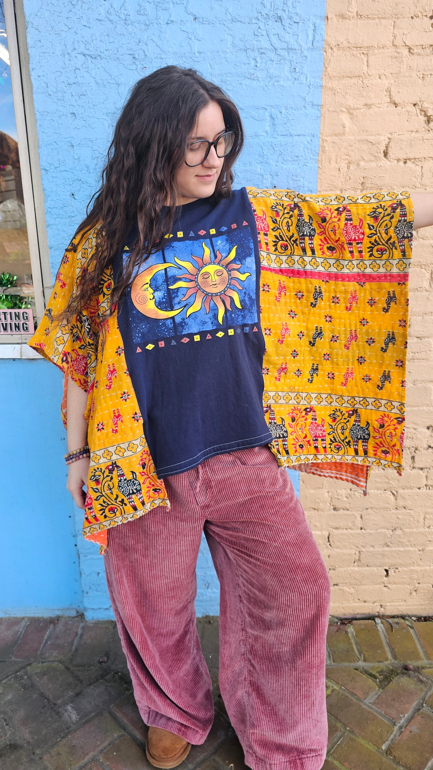 Sun and Moon Kantha Poncho 1332