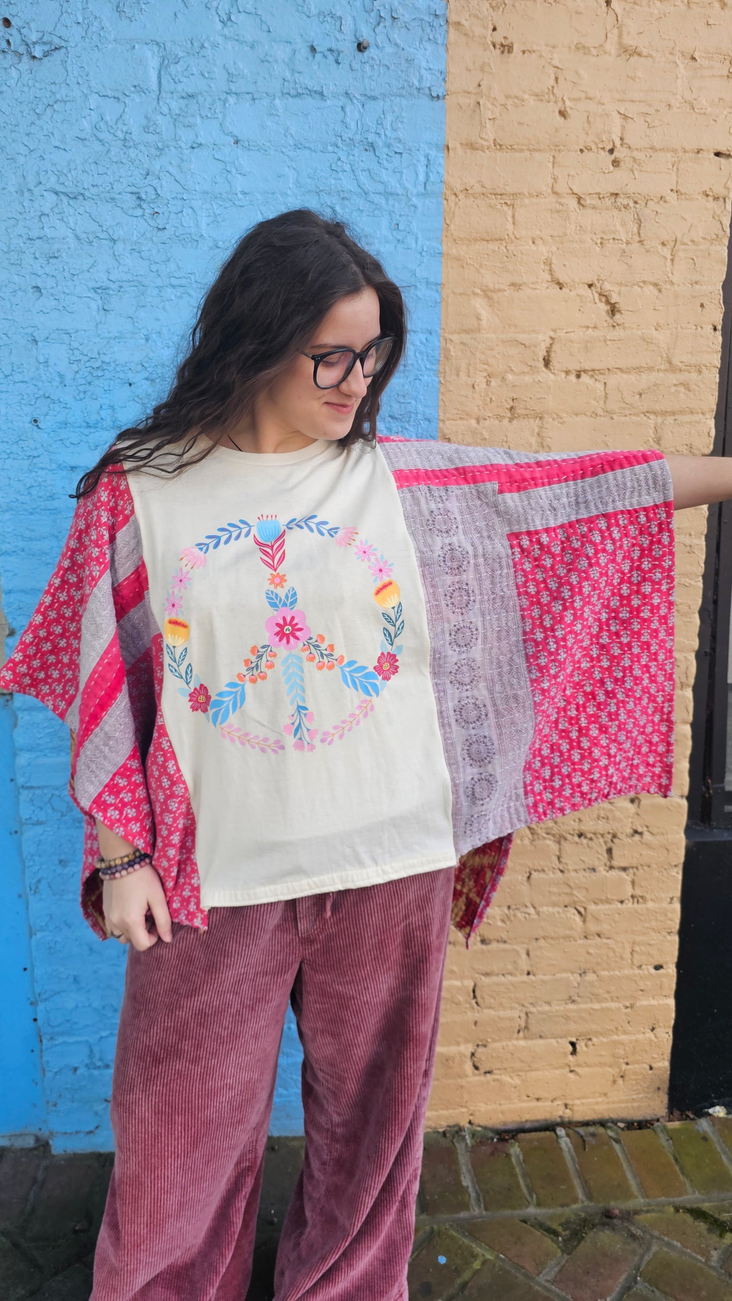 Floral Peace Sign Kantha Poncho 1333