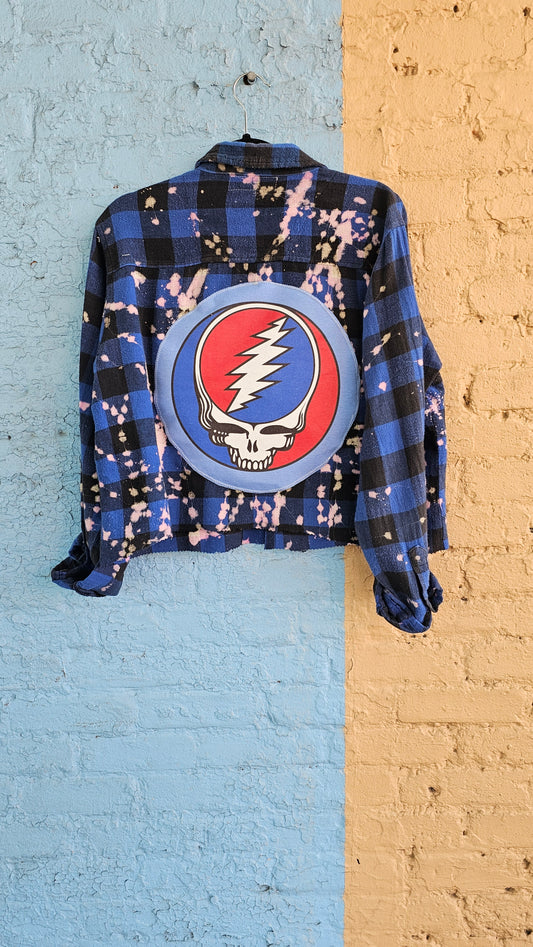 Grateful Dead Upcycled Distressed Cropped Flannel Size LARGE #1375